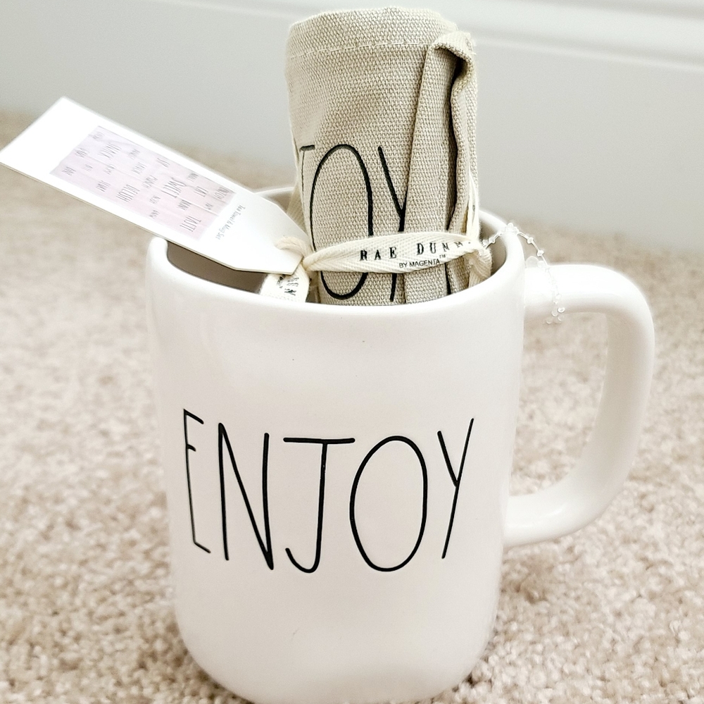 Rae Dunn "Enjoy" Tea Towel and Mug Set